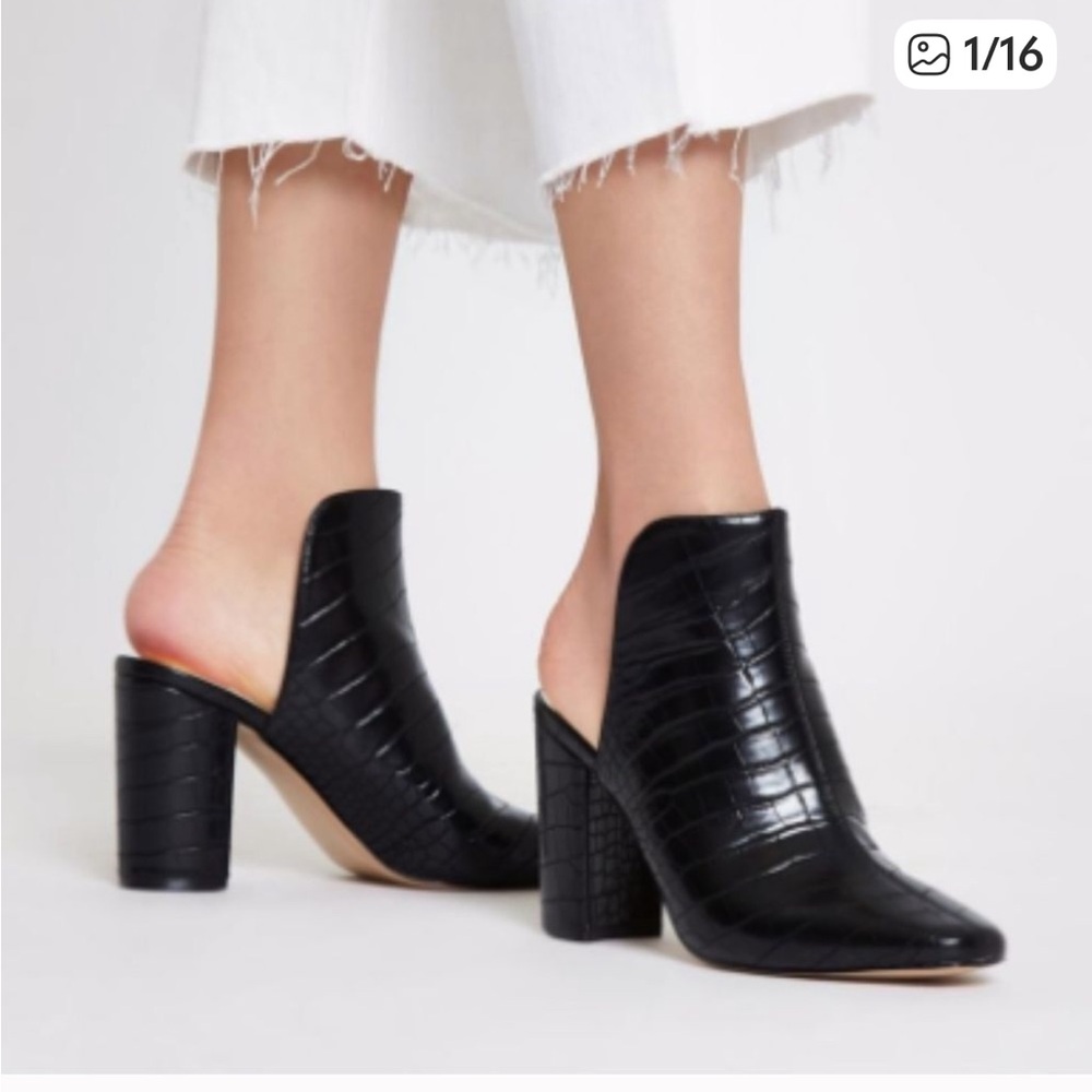 Aldo Black Patent Croc Embossed Block Heel Mule Sz 8